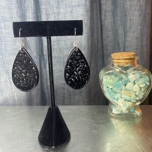 Vintage Black Carved‎ Resin Dangle Earrings – Teardrop Floral Design, 2.5” Drop